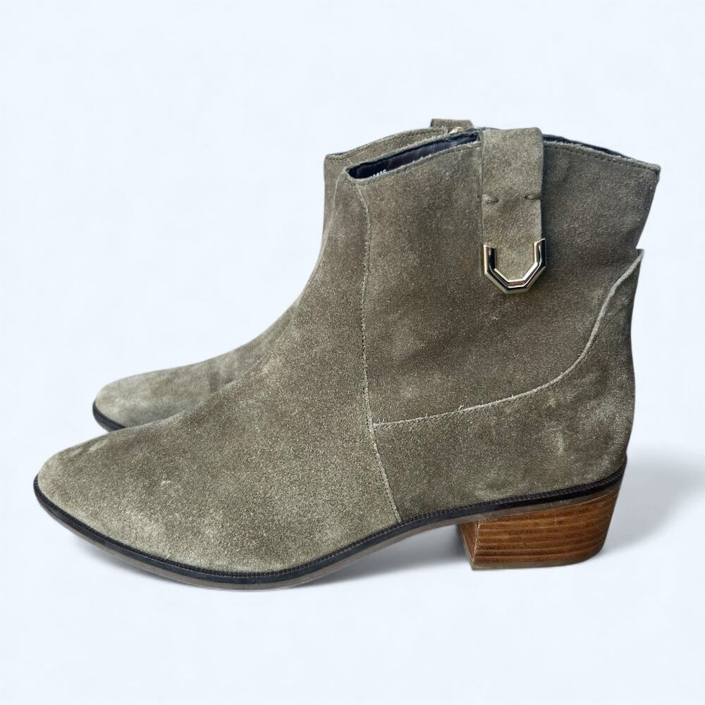 Cole Haan Maci Suede Ankle Boots Olive Green Block Heel Women's 8 Chic Minimal